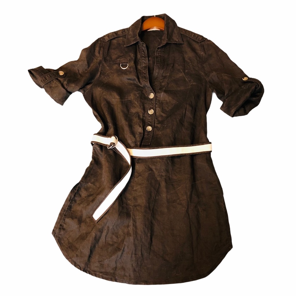 ZARA Olive Faded Linen Shirt Belted Dress/Tunic L EUC